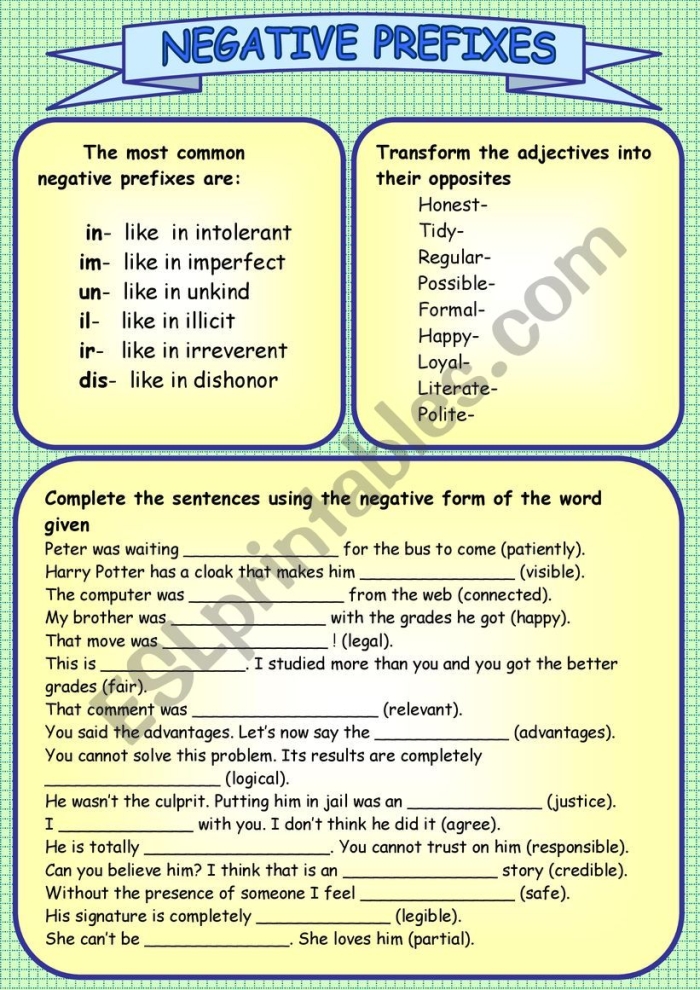 Prefixes Negative Nancy worksheet activity for elementary students learning word formation with un-, re-, dis-, and non- prefixes Third grade student worksheet showing prefix exercises with words and sentences about a character named Negative Nancy for reading and writing practice