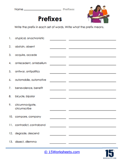 Prefixes: Get It Started! worksheet for practicing common prefixes in numbers and counting Worksheet focusing on prefixes for third graders to enhance reading and writing skills