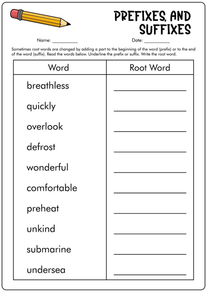 Third grade student worksheet focusing on identifying prefixes base words and suffixes number nine