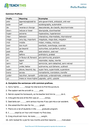 Common Prefixes and Their Meanings Worksheet for Fourth Grade Students Fourth grade students practice common prefixes and their meanings on this three-page grammar worksheet