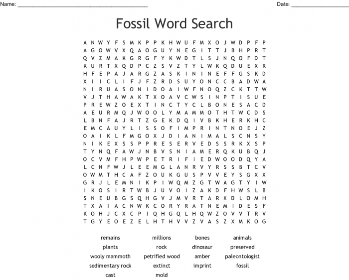 Third grade life science crossword puzzle featuring prehistoric animals and fossils with clues about extinct creatures