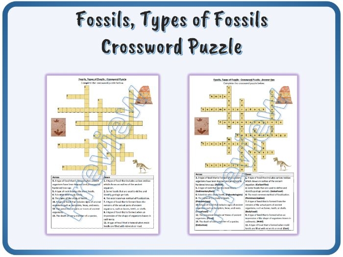 Third grade life science crossword worksheet featuring various prehistoric fossils and extinct animals