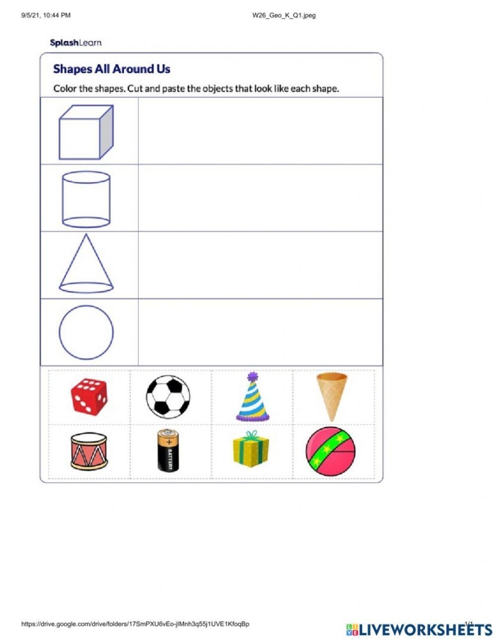 Pre-K student worksheet showing 3D shapes like a sphere cube cone and cylinder for identification