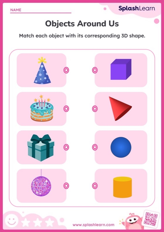 Three-dimensional geometric shapes including a sphere, cube, cone, and cylinder displayed for Pre-K learners to explore