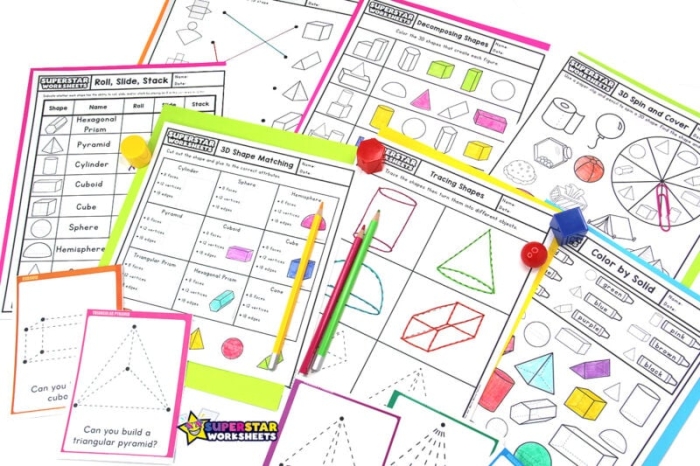 Pre-K worksheet helping children identify 3D shapes like spheres and cubes through creative activities