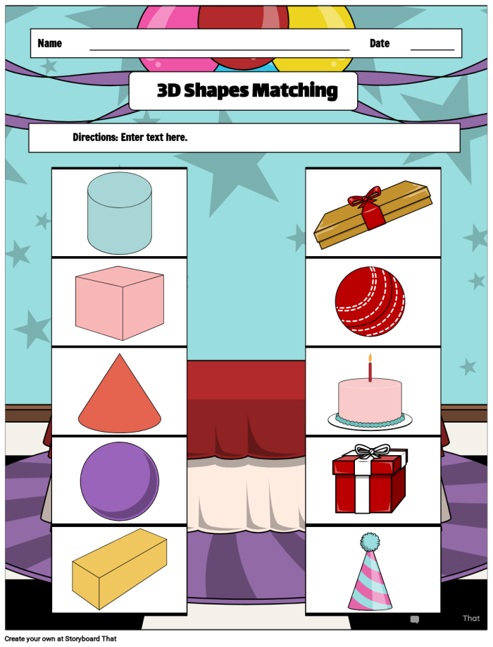 A colorful worksheet showing a sphere, cube, cone and cylinder with fun illustrations for pre-K students learning about three-dimensional shapes
