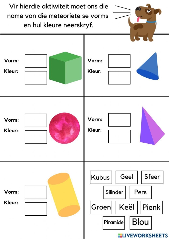 A colorful Pre-K worksheet displaying three-dimensional shapes including a sphere, cube, cone, and cylinder with engaging illustrations
