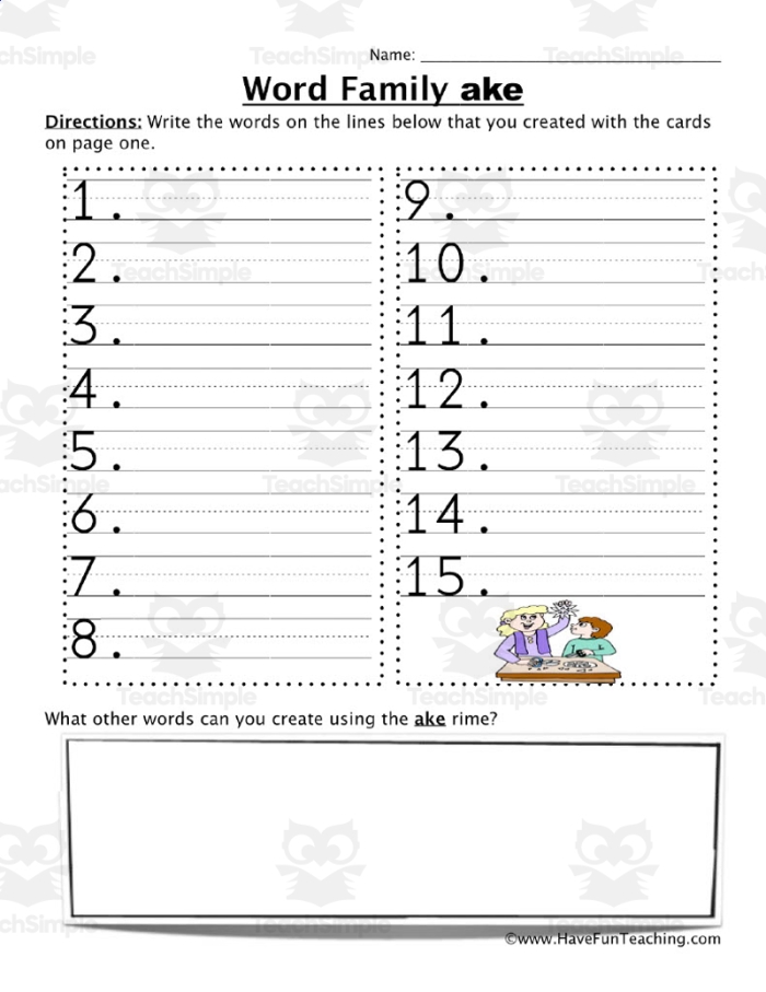 Worksheet featuring the "-ake" word family for Pre-K students to trace and identify words. Engaging activity for young learners to explore "-ake" sight words.