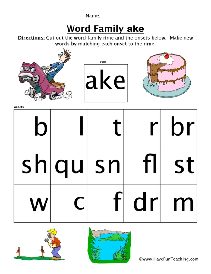 Worksheet featuring the "-ake" word family for tracing and word search activities