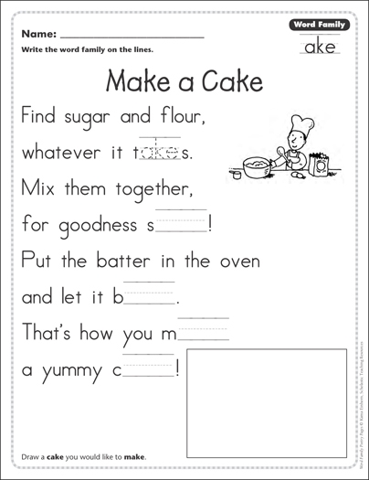 Pre-K worksheet featuring tracing practice for words ending in ake