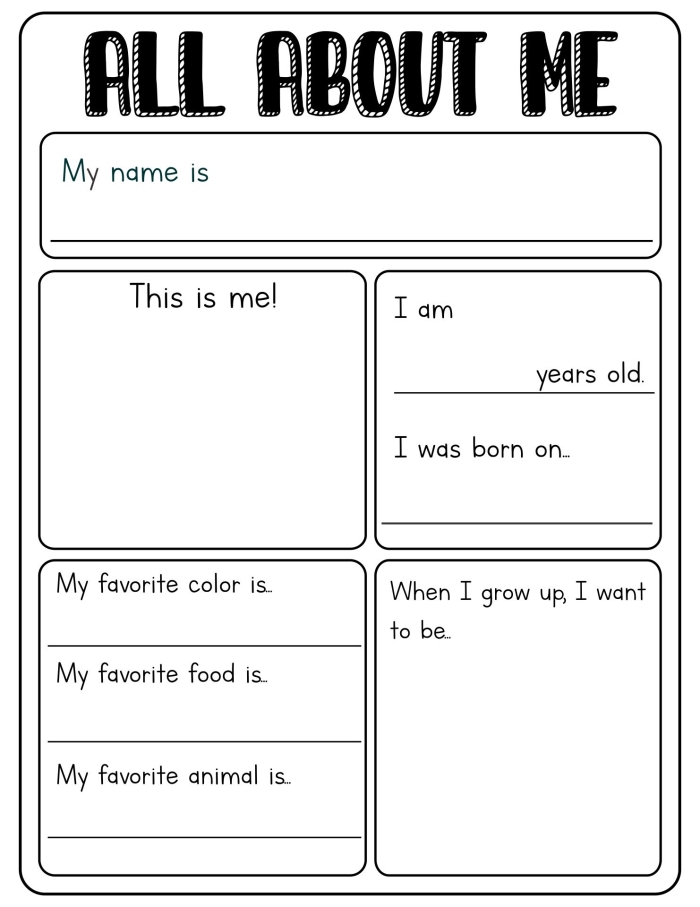 All About Me Report Writing Activity for Preschool Learners A young child completing an All About Me Report worksheet with colorful sections for writing about their favorite things and personal information