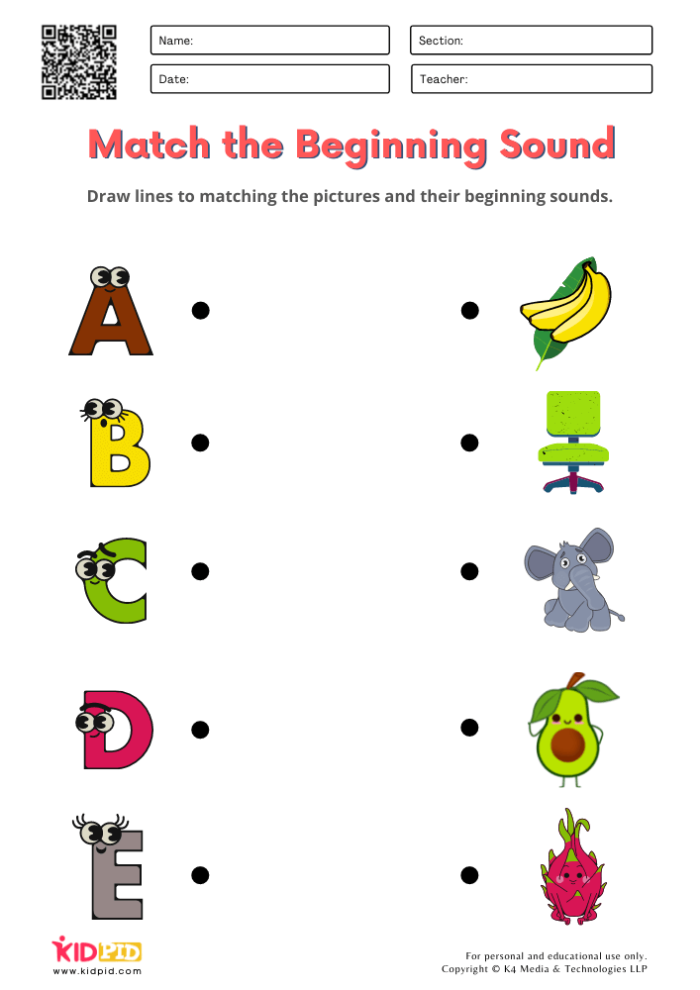 Pre-K student completing a beginning sounds letter match-up alphabet worksheet