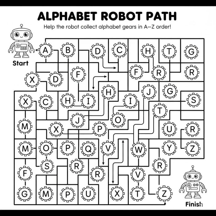 A colorful worksheet featuring a maze for preschoolers to connect letters A to Z, enhancing their alphabet skills. Follow the A to Z Path worksheet for fun alphabet learning and subtraction practice.