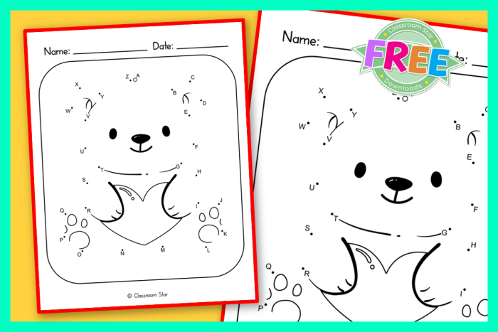 Cute teddy bear dot to dot worksheet for practicing ABCs in Pre-K