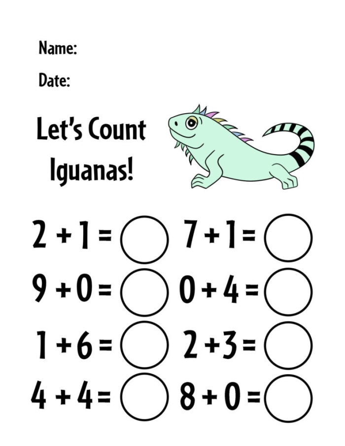 Pre-K animal picture addition worksheet featuring colorful zebra and tiger illustrations for counting practice