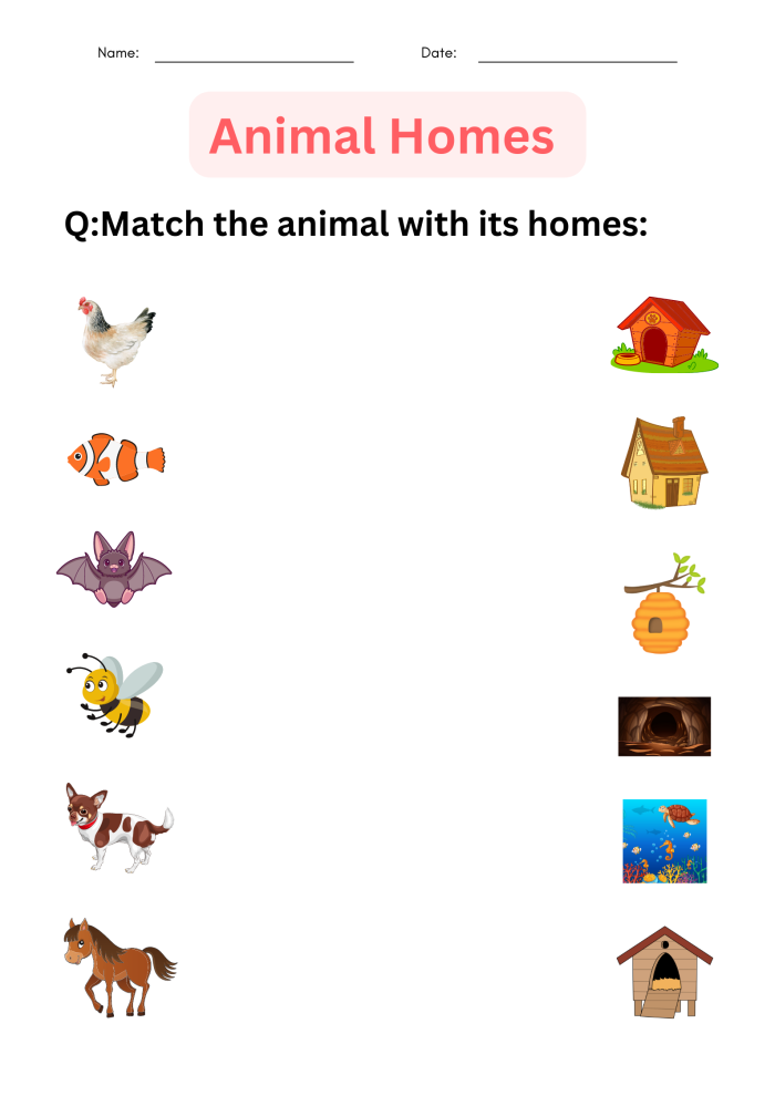 Animals and Their Homes Worksheet for Pre-K Students Cute illustrations of various animals and their habitats featured in the worksheet