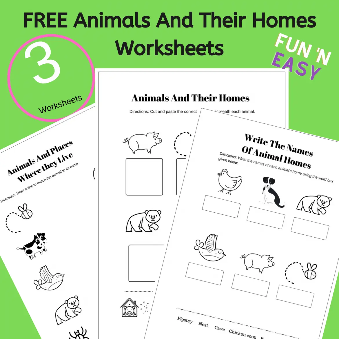 Animals and their Homes worksheet for early counting and life science education Worksheet featuring various animals and their homes designed for Pre-K students