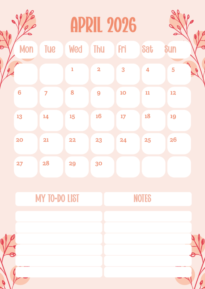 Interactive April calendar worksheet for kids to fill in dates and color illustrations