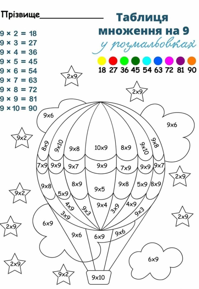 Color by number worksheet featuring vibrant hot air balloons for Pre-K students