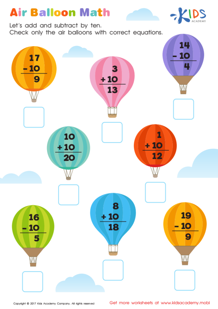 Pre-K color by number worksheet featuring a scenic sky filled with nine hot air balloons