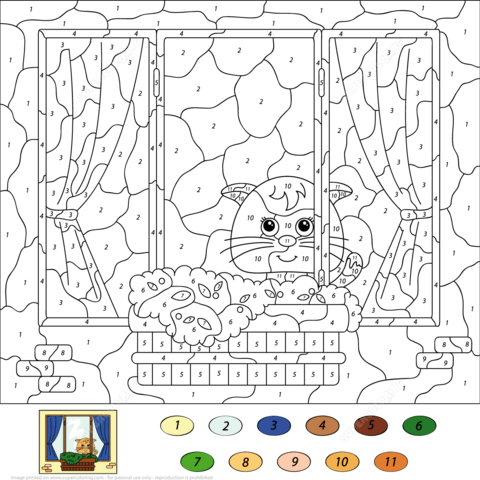 Color By Number Cat Worksheet 24 for Pre-K Math Practice Pre-K algebra worksheet 24 featuring a cute cat design for color by number activities