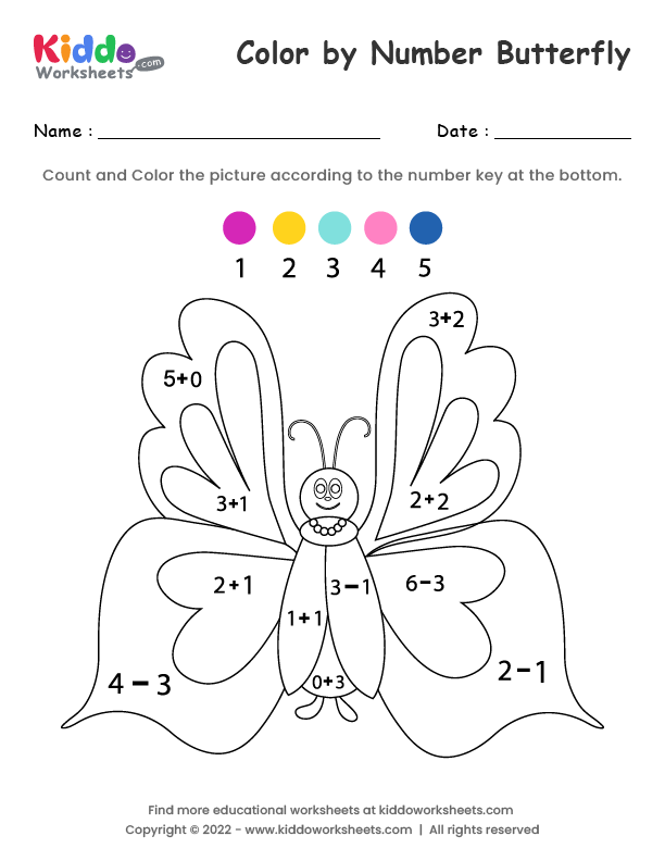 Interactive counting activity with a vibrant butterfly illustration for geometry learning Color by Number worksheet featuring a colorful butterfly for Pre-K students