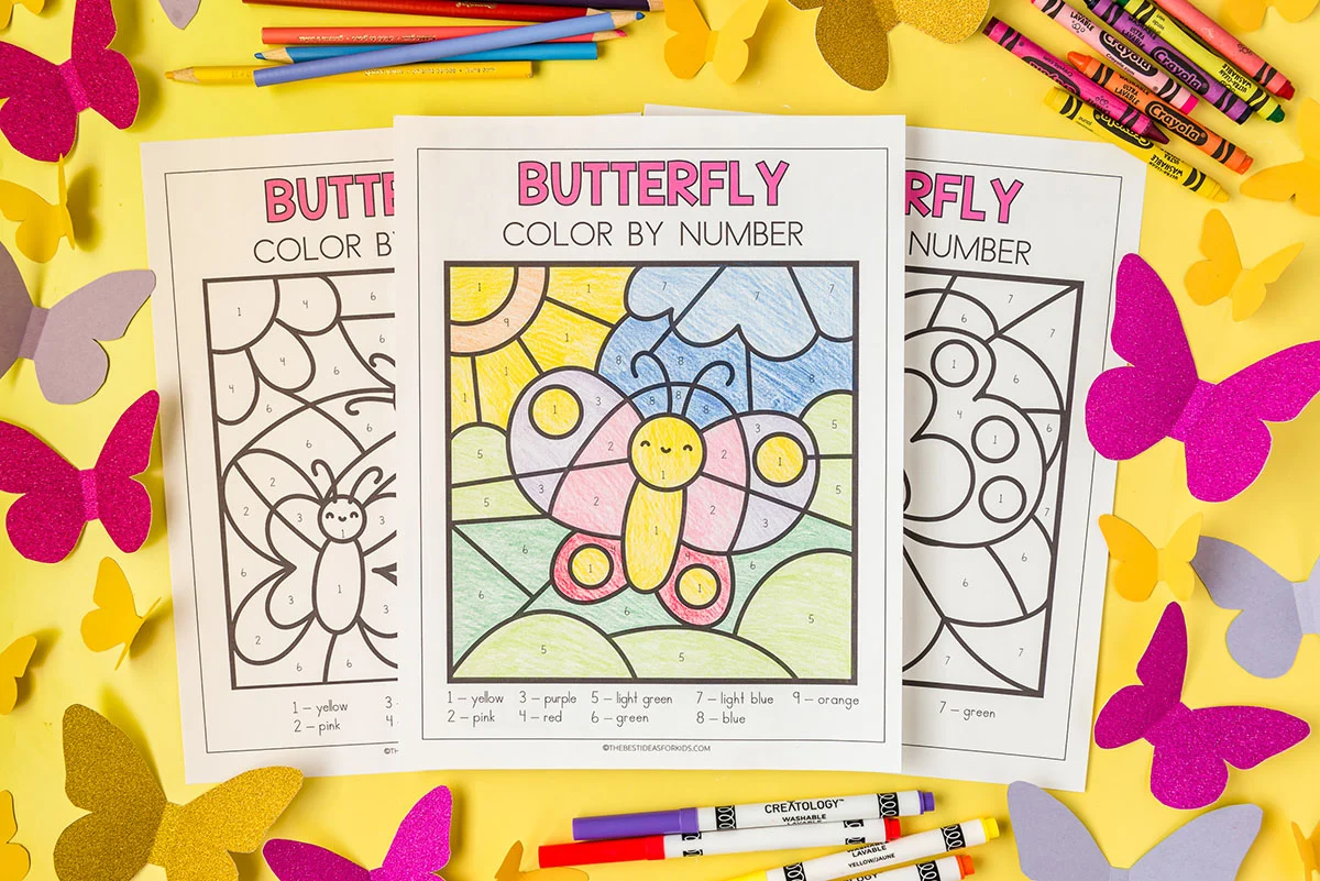 Educational butterfly coloring worksheet featuring geometry counting for Pre-K students 24 Color by Number Butterfly worksheet for Pre-K geometry practice image 24