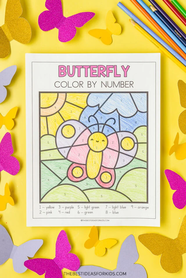 Color by Number Butterfly Geometry Worksheet 18 Pre-K geometry worksheet featuring a butterfly color by number activity 18