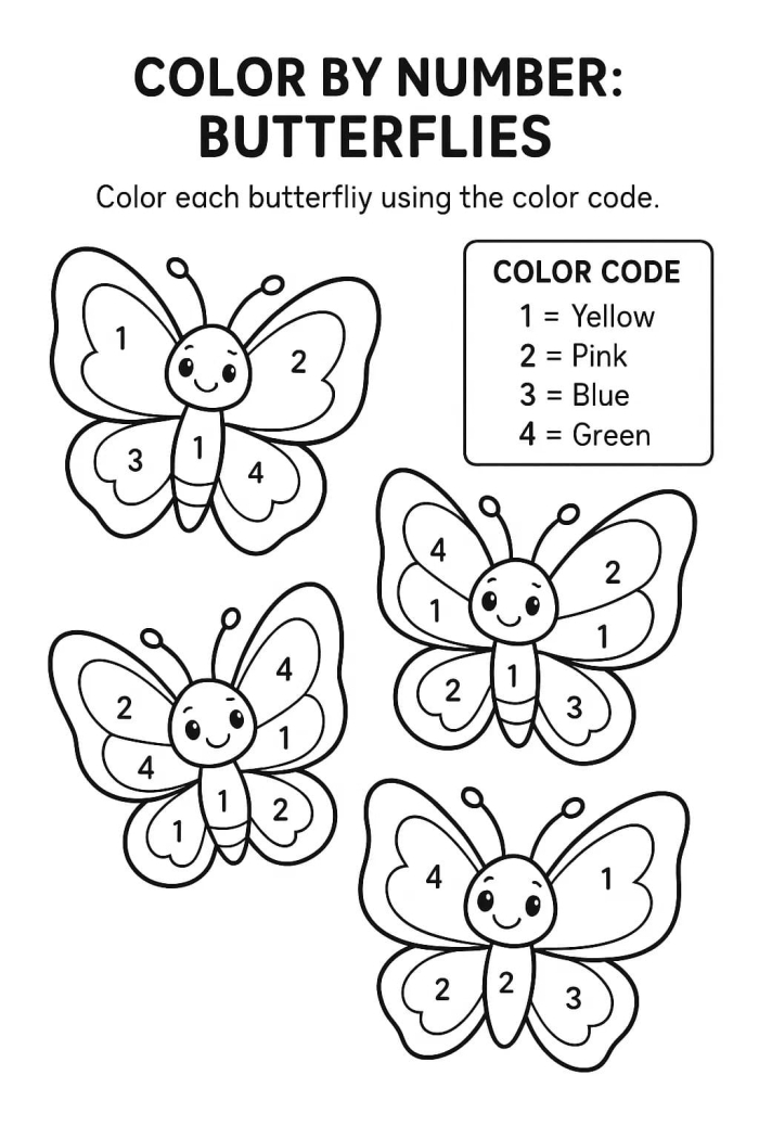 Educational Color by Number Butterfly Geometry Worksheet for Preschoolers Image 12 Pre-K student working on a color by number butterfly worksheet to practice geometry and counting skills