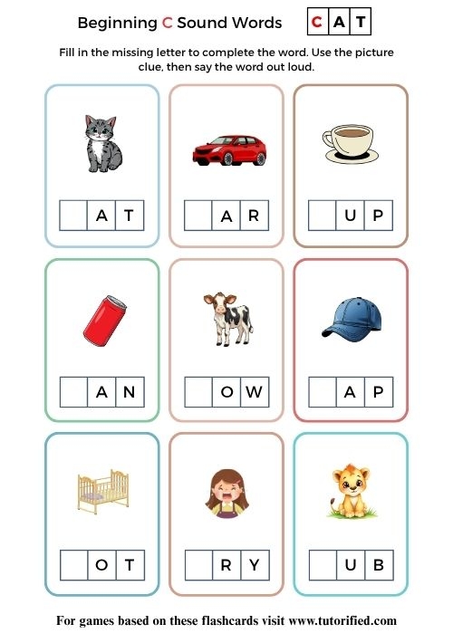 Pre-K printable worksheet for identifying objects that start with the letter C
