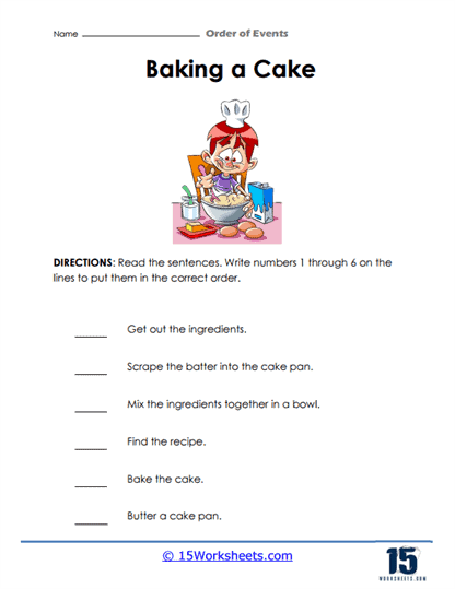 Worksheet on baking a cake to teach sequencing skills to kindergarten learners Evan shows the steps to bake a cake in this engaging worksheet for Pre-K students