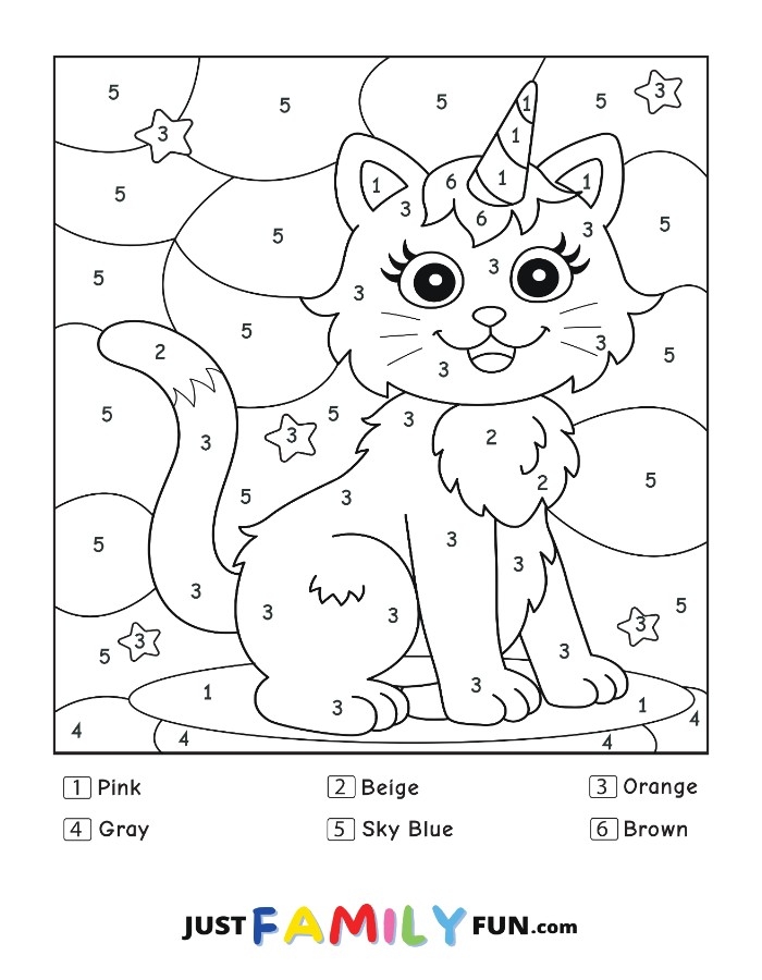 Color By Number Cat Activity Sheet 6 for Preschool Math Practice A pre-K cat coloring worksheet with numbered sections and a color key for children to match numbers to colors