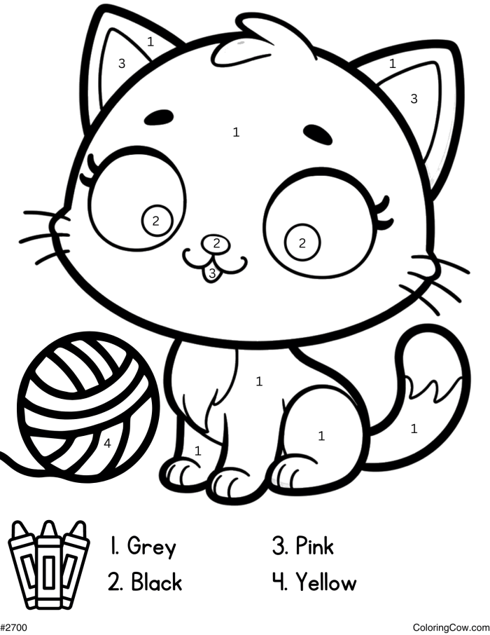 Color By Number Cat Activity for Pre-K Students Image 9 A cute cat illustration divided into numbered sections for children to color according to the color key provided at the bottom of the worksheet