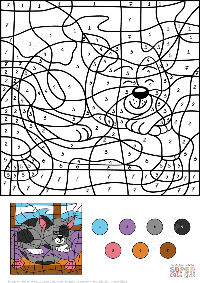 Color By Number Cat Activity Sheet 2 for Preschool Students A cute cat picture divided into numbered sections for children to color using the color key provided