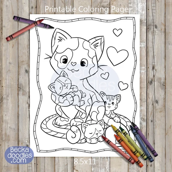 Color the Mommy Cat and Kittens worksheet for pre-k students showing a feline family
