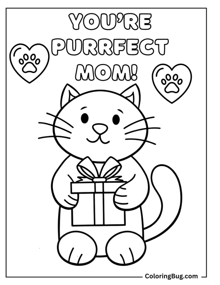 Pre-K coloring worksheet showing a mother cat cuddling with her playful kittens