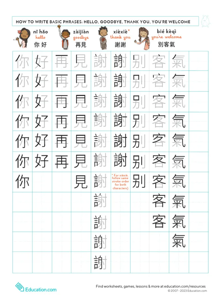 Learn Chinese Greeting Phrases Writing Practice for Preschoolers Worksheet for Pre-K children to practice writing Hello and Thank You in traditional Chinese characters
