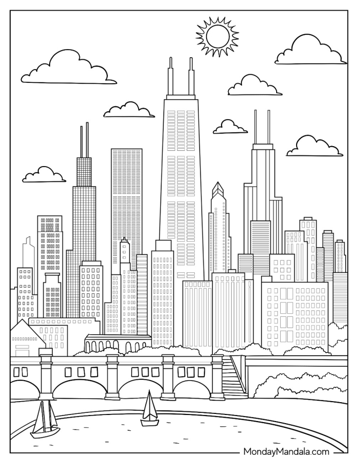 Trace and Color the City Worksheet 14 Pre-K worksheet with a city skyline for children to trace and color