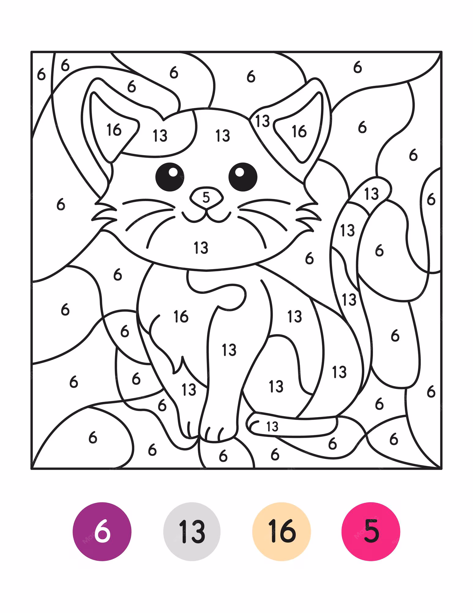 Pre-K Color By Number Cat Worksheet 16 with Numbered Sections and Color Key A cute cat picture divided into numbered sections for a color-by-number activity with a color key guide at the bottom