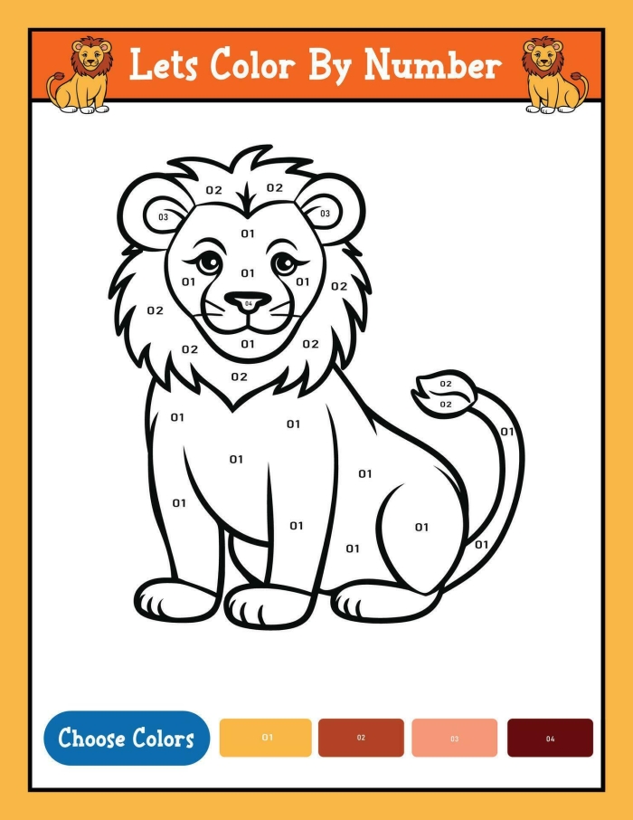 Color by Number Lion Activity for Preschool Learning A cute lion face divided into sections labeled with numbers, ready to be colored in by Pre-K students
