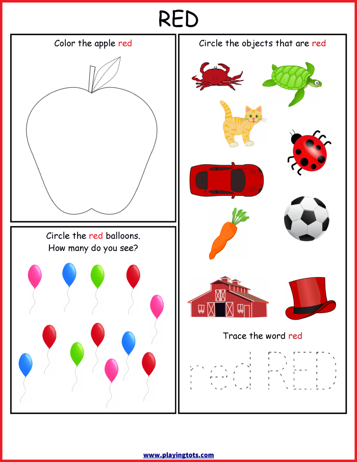 The Color Red Vocabulary Worksheet Activity 12 A Pre-K student coloring an apple illustration while working on a red color book project