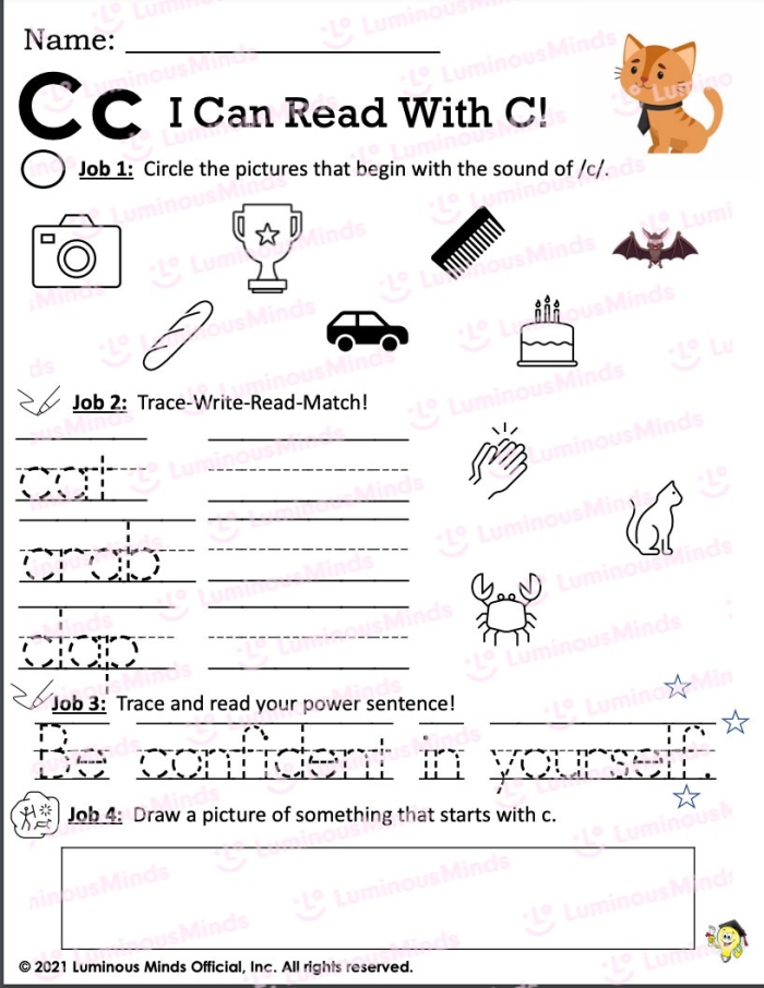 Pre-K worksheet page featuring various objects to color that begin with the letter C