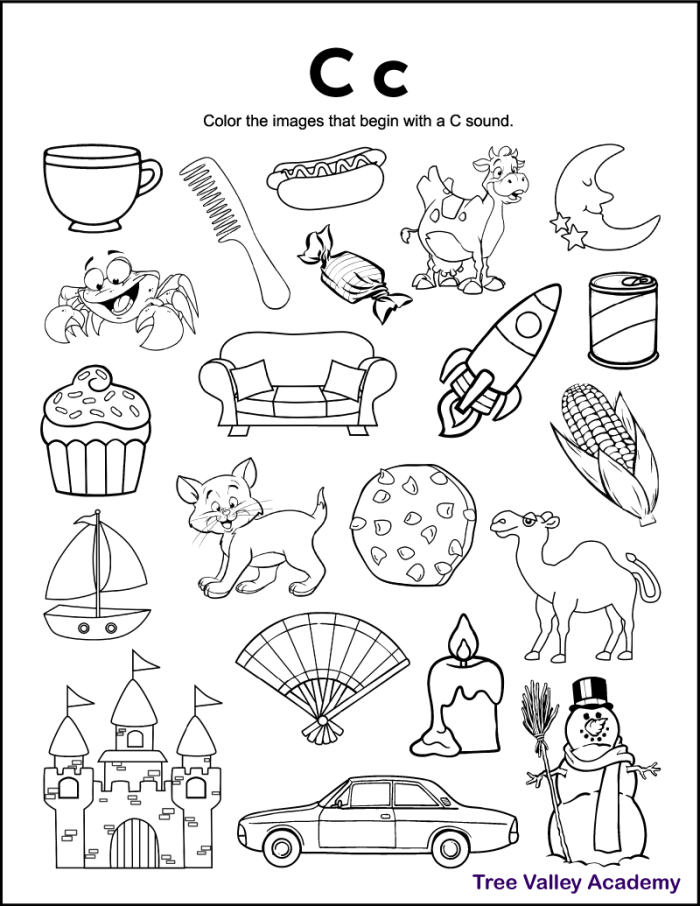 Pre-K worksheet page featuring various objects to color that begin with the letter C