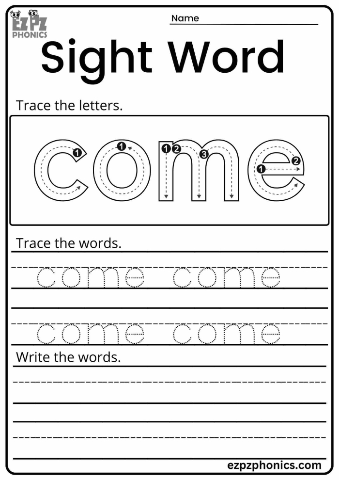 Pre-K worksheet activity focusing on the sight word Come for life science lessons