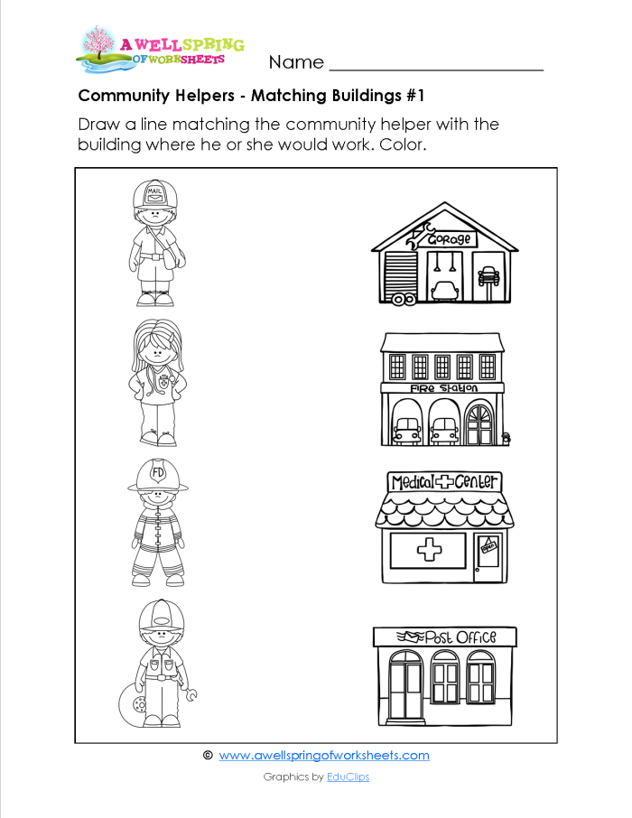 Pre-K worksheet where students draw lines to match four community helpers like a firefighter and police officer to their specific vehicles