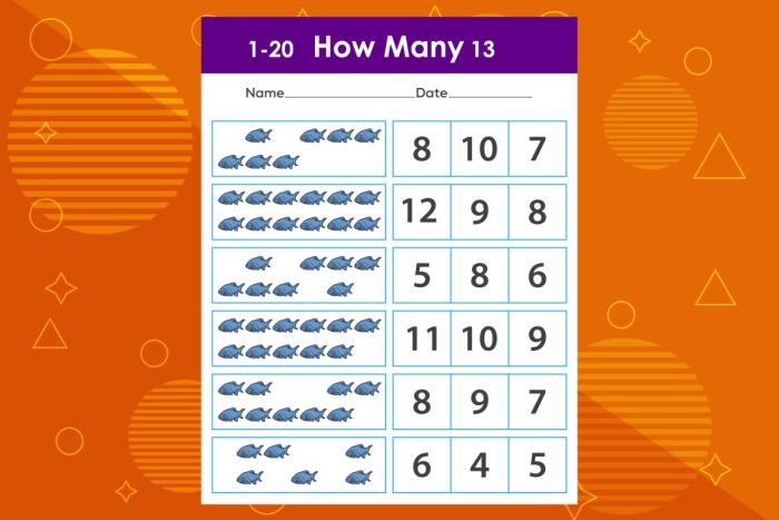 Preschool math worksheet featuring twenty-one cute fish for students to count and add