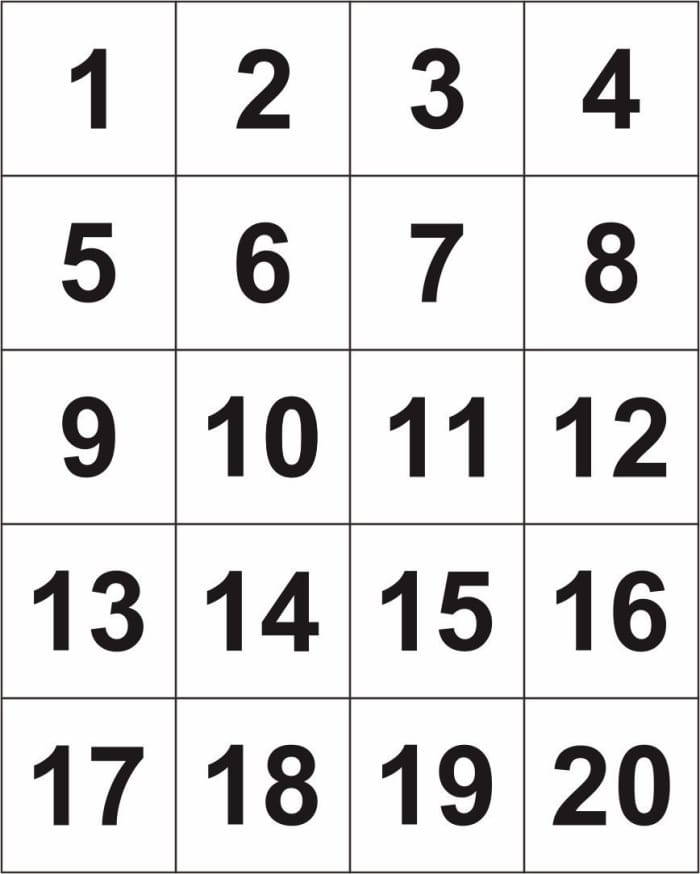 Pre-K printable number cards featuring digits 1 through 20 for counting practice