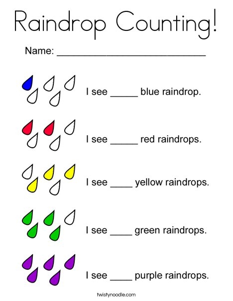 Counting Raindrops worksheet for Pre-K students featuring rows of raindrops to count and match with numbers