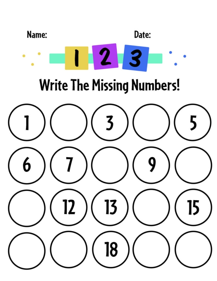 Pre-K Counting Assessment Activity 4 for Number Recognition Skills Counting to 20 Assessment worksheet image showing numbered sequence exercise for Pre-K students