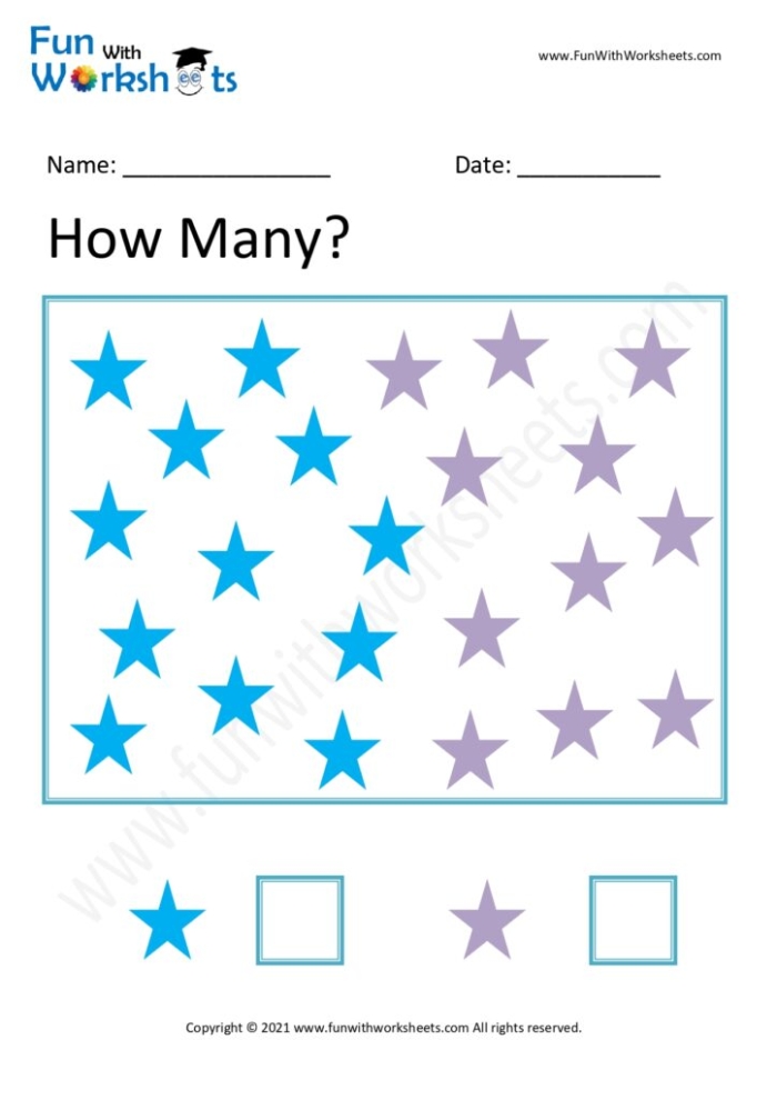 Colorful worksheet for Pre-K students featuring shapes and counting activities